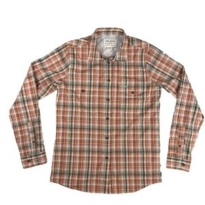 CC Filson Shirt Womens‎ S Orange Gray Plaid Vented Outdoor Lightweight Button